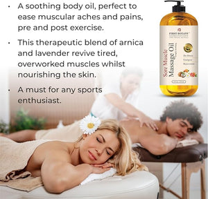 Arnica Sore Muscle Massage Oil - for Massage Therapy & Best Natural Therapy Oil with Lavender, Mint & Chamomile Essential Oils - Therapeutic Oils for Body & Massage Lotion 8 oz