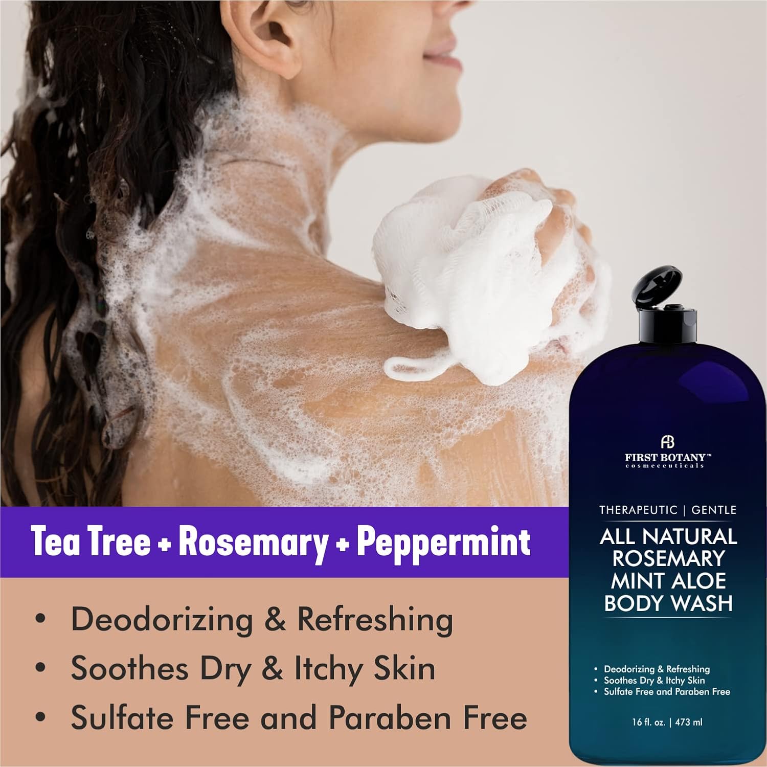 First Botany, ALL Natural Body Wash - Fights Body Odor, Athlete's Foot, Jock Itch, Nail Issues, Dandruff, Acne, Eczema, Shower Gel for Women & Men, Skin Cleanser -16 fl oz (Rosemary Mint)