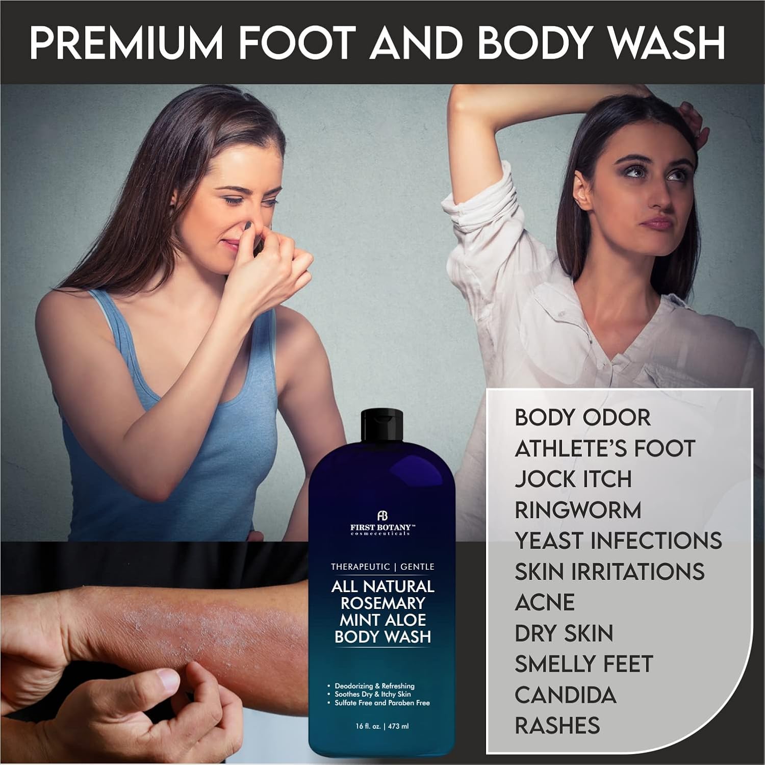 First Botany, ALL Natural Body Wash - Fights Body Odor, Athlete's Foot, Jock Itch, Nail Issues, Dandruff, Acne, Eczema, Shower Gel for Women & Men, Skin Cleanser -16 fl oz (Rosemary Mint)