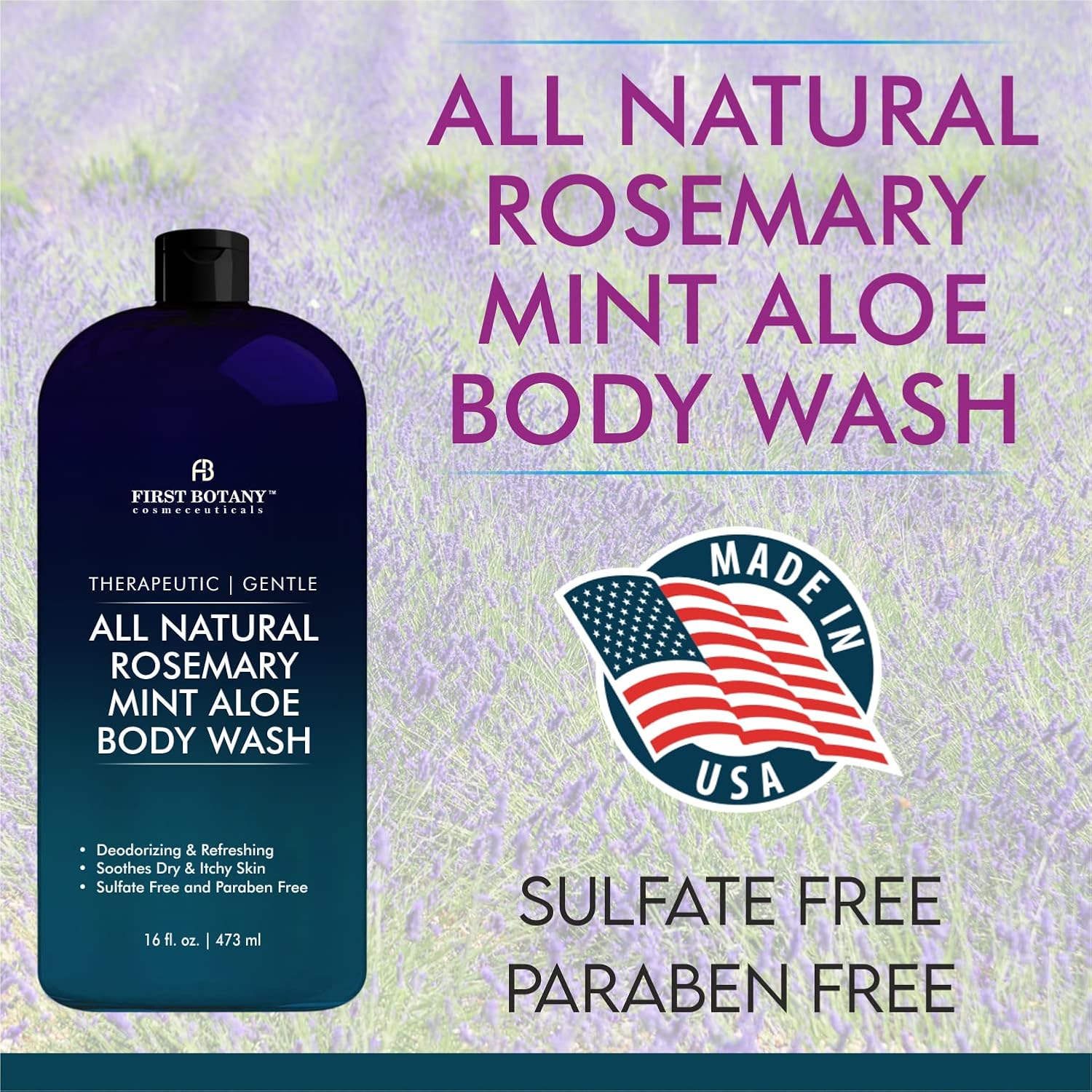 First Botany, ALL Natural Body Wash - Fights Body Odor, Athlete's Foot, Jock Itch, Nail Issues, Dandruff, Acne, Eczema, Shower Gel for Women & Men, Skin Cleanser -16 fl oz (Rosemary Mint)