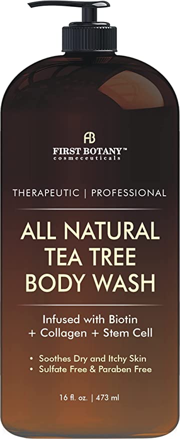 ALL Natural Tea Tree Body Wash w/ Biotin, Collagen & Stem Cells - Fights Body Odor, Athlete’s Foot, Jock Itch, Nail Issues, Dandruff, Acne, Eczema, Shower Gel for Women & Men, Skin Cleanser -16 oz