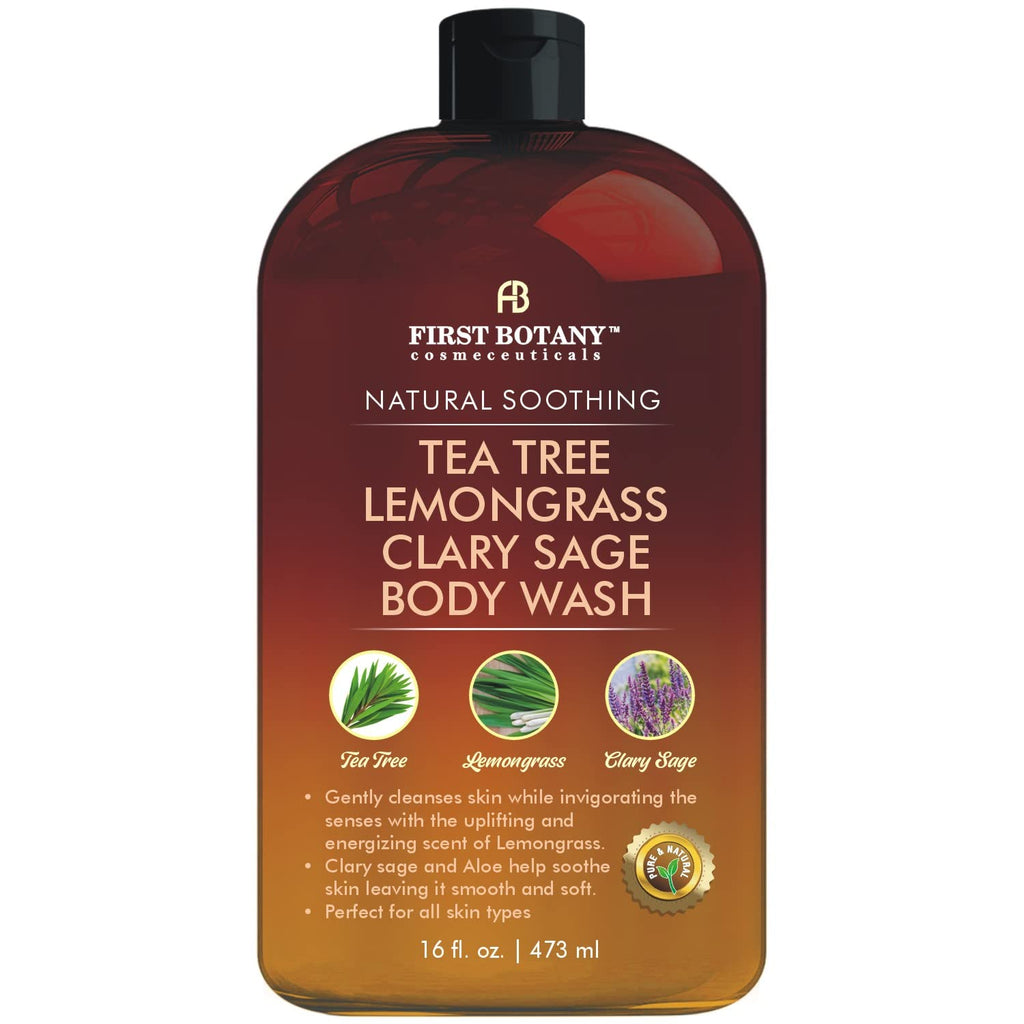 ALL Natural Body Wash - Fights Body Odor, Athlete’s Foot, Jock Itch, Nail Issues, Dandruff, Acne, Eczema, Shower Gel for Women & Men, Skin Cleanser -16 fl oz (Tea Tree, Lemon Grass, Clary Sage)