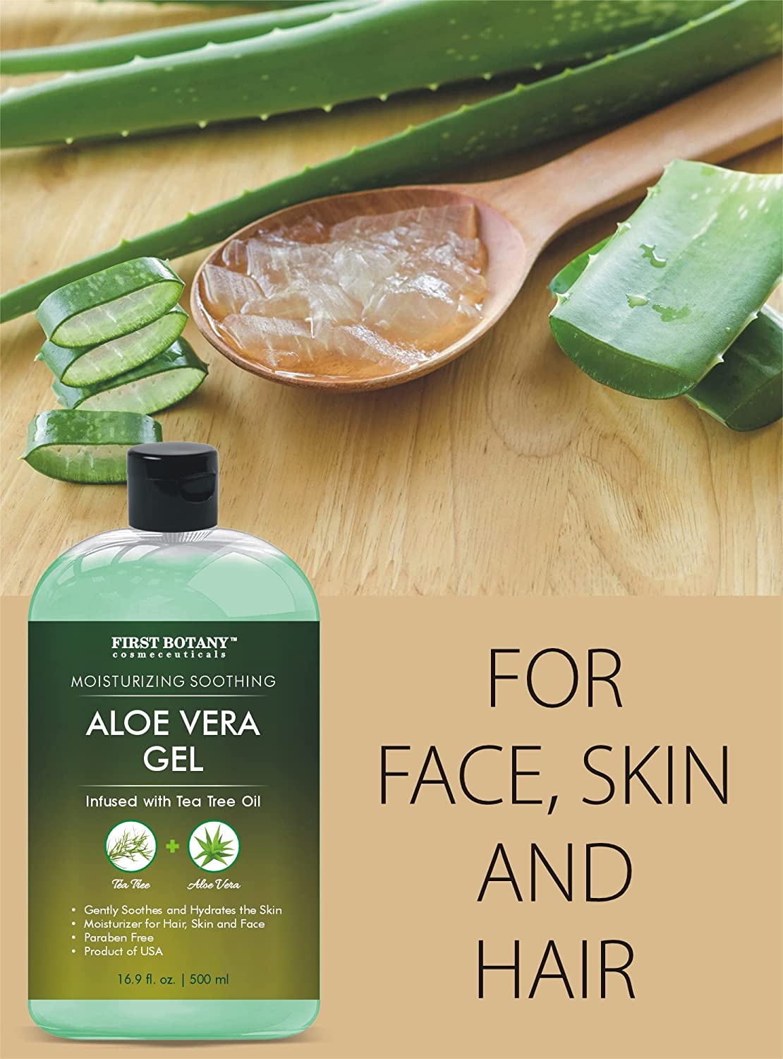 Aloe vera gel from 100 percent Pure Aloe Infused with Tea Tree Oil - Natural Raw Moisturizer for Hand Sanitizing Gel, Skin Care, Hair Care, Sunburn, Acne & Eczema -16.9 fl oz | 500 ml