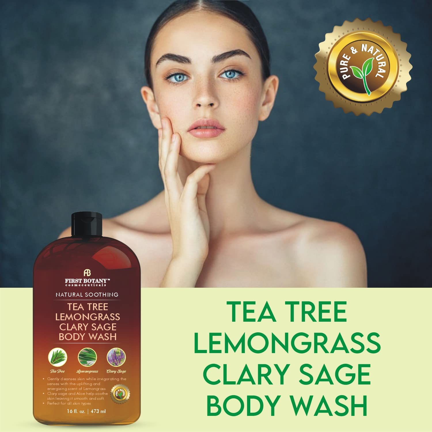 ALL Natural Body Wash - Fights Body Odor, Athlete’s Foot, Jock Itch, Nail Issues, Dandruff, Acne, Eczema, Shower Gel for Women & Men, Skin Cleanser -16 fl oz (Tea Tree, Lemon Grass, Clary Sage)