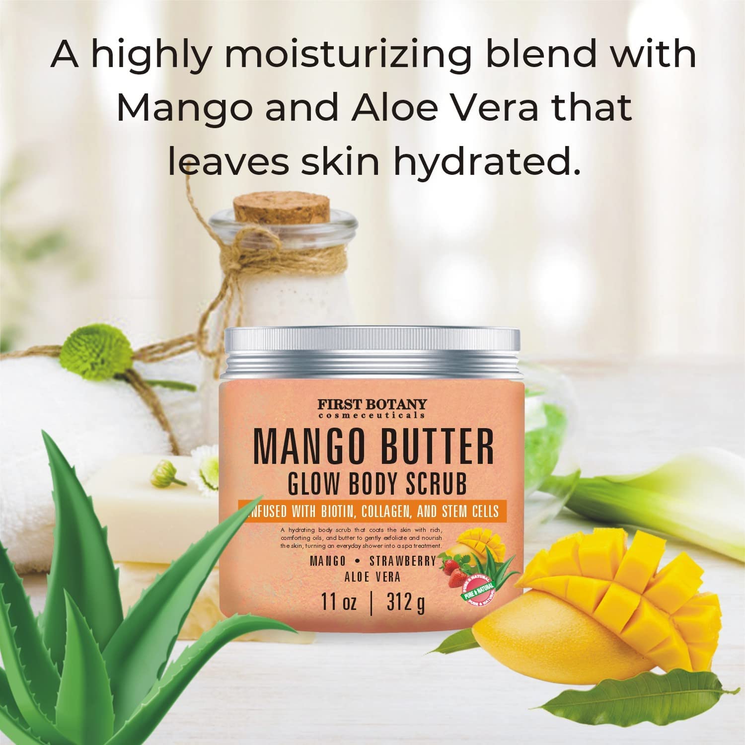 Mango Butter Body Scrub Exfoliator Biotin, Collagen, Stem Cells - Natural Exfoliating Salt Scrub & Body & Face Souffle, hair scrub helps with Moisturizing Skin, Acne, Cellulite, Dead Skin Scars, Wrinkles- 11 oz