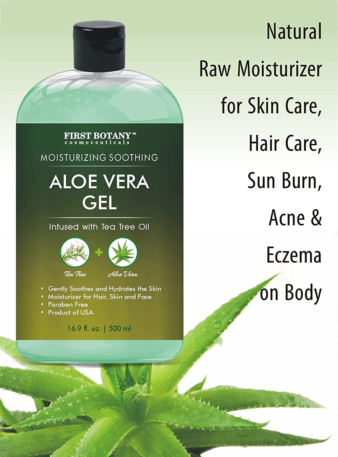 Aloe vera gel from 100 percent Pure Aloe Infused with Tea Tree Oil - Natural Raw Moisturizer for Hand Sanitizing Gel, Skin Care, Hair Care, Sunburn, Acne & Eczema -16.9 fl oz | 500 ml