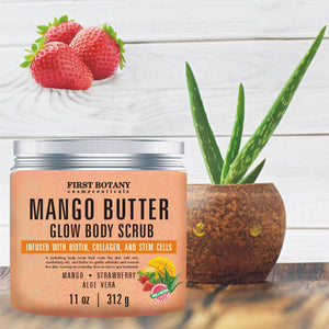 Mango Butter Body Scrub Exfoliator Biotin, Collagen, Stem Cells - Natural Exfoliating Salt Scrub & Body & Face Souffle, hair scrub helps with Moisturizing Skin, Acne, Cellulite, Dead Skin Scars, Wrinkles- 11 oz