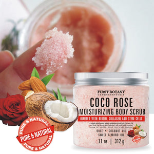 Coconut Rose Body Scrub Exfoliator with Biotin, Collagen, Stem Cells - Natural Exfoliating Salt Scrub & Body and Face Souffle helps with Moisturizing Skin, Acne, Cellulite, Skin Scars, Wrinkles- 11 oz