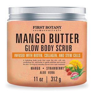 Mango Butter Body Scrub Exfoliator Biotin, Collagen, Stem Cells - Natural Exfoliating Salt Scrub & Body & Face Souffle, hair scrub helps with Moisturizing Skin, Acne, Cellulite, Dead Skin Scars, Wrinkles- 11 oz