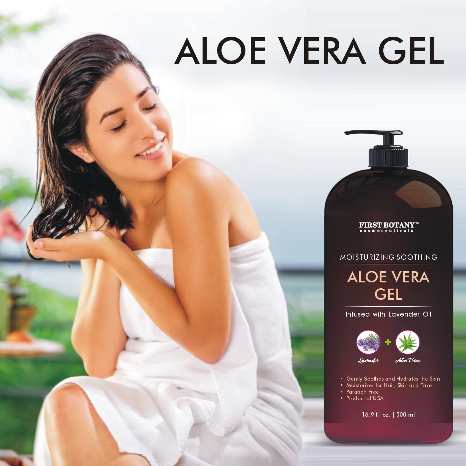 Pure Aloe vera gel - with 100% Fresh & Pure Aloe Infused with Lavender Oil - Natural Raw Moisturizer for Face, Skin, Body, Hair. Perfect for Sunburn, Acne, Razor Bumps 16.9 fl oz