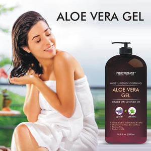 Pure Aloe vera gel - with 100% Fresh & Pure Aloe Infused with Lavender Oil - Natural Raw Moisturizer for Face, Skin, Body, Hair. Perfect for Sunburn, Acne, Razor Bumps 16.9 fl oz