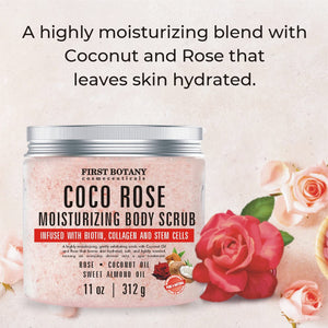 Coconut Rose Body Scrub Exfoliator with Biotin, Collagen, Stem Cells - Natural Exfoliating Salt Scrub & Body and Face Souffle helps with Moisturizing Skin, Acne, Cellulite, Skin Scars, Wrinkles- 11 oz