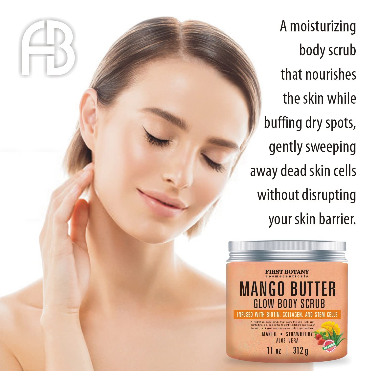 Mango Butter Body Scrub Exfoliator Biotin, Collagen, Stem Cells - Natural Exfoliating Salt Scrub & Body & Face Souffle, hair scrub helps with Moisturizing Skin, Acne, Cellulite, Dead Skin Scars, Wrinkles- 11 oz