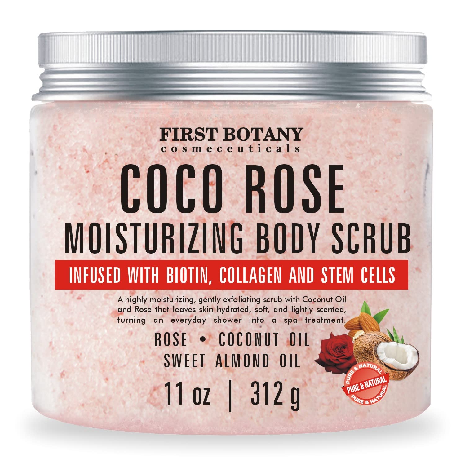 Coconut Rose Body Scrub Exfoliator with Biotin, Collagen, Stem Cells - Natural Exfoliating Salt Scrub & Body and Face Souffle helps with Moisturizing Skin, Acne, Cellulite, Skin Scars, Wrinkles- 11 oz