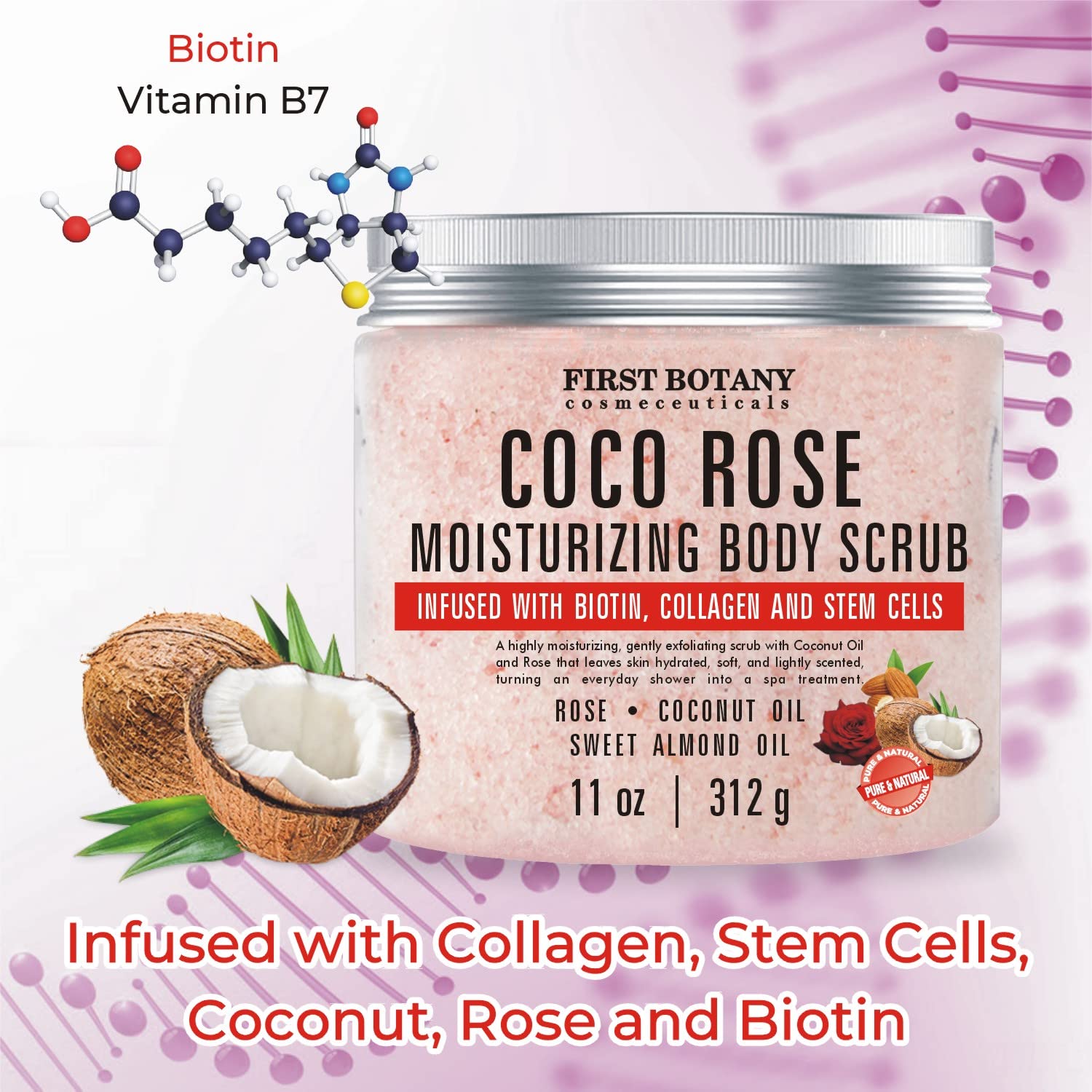 Coconut Rose Body Scrub Exfoliator with Biotin, Collagen, Stem Cells - Natural Exfoliating Salt Scrub & Body and Face Souffle helps with Moisturizing Skin, Acne, Cellulite, Skin Scars, Wrinkles- 11 oz