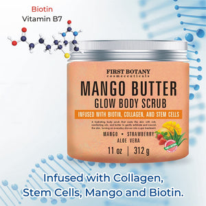 Mango Butter Body Scrub Exfoliator Biotin, Collagen, Stem Cells - Natural Exfoliating Salt Scrub & Body & Face Souffle, hair scrub helps with Moisturizing Skin, Acne, Cellulite, Dead Skin Scars, Wrinkles- 11 oz
