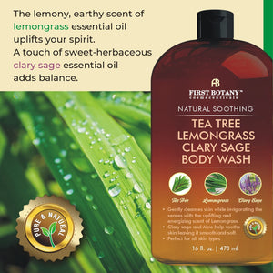 ALL Natural Body Wash - Fights Body Odor, Athlete’s Foot, Jock Itch, Nail Issues, Dandruff, Acne, Eczema, Shower Gel for Women & Men, Skin Cleanser -16 fl oz (Tea Tree, Lemon Grass, Clary Sage)