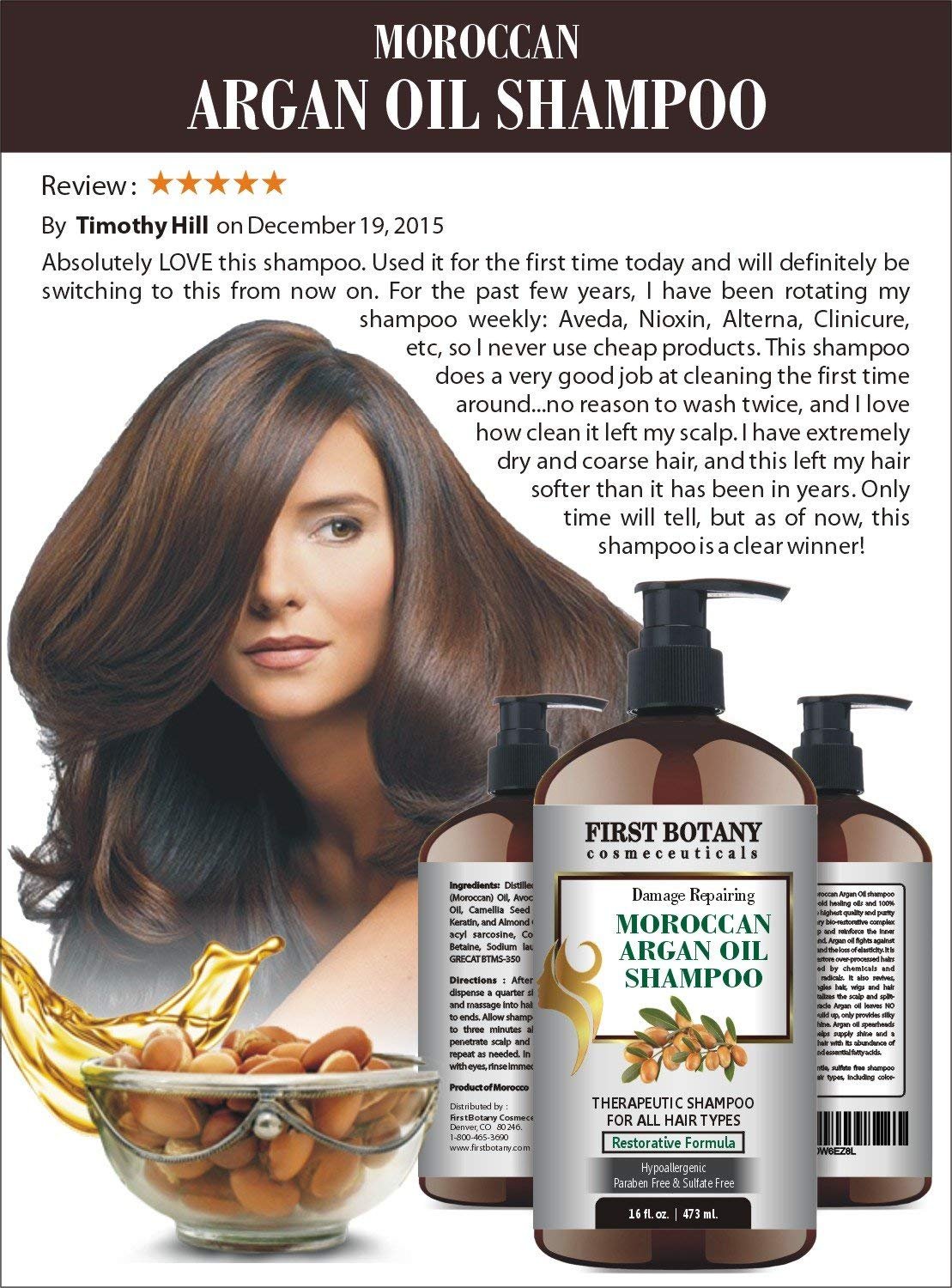 Moroccan Argan Oil Shampoo with Restorative Formula 16 fl. oz. Gentle & Sulfate Free for All Hair Types. Cleanses, Revives, Hydrates, Detangles Hair & Revitalizes the Scalp & Split-Ends