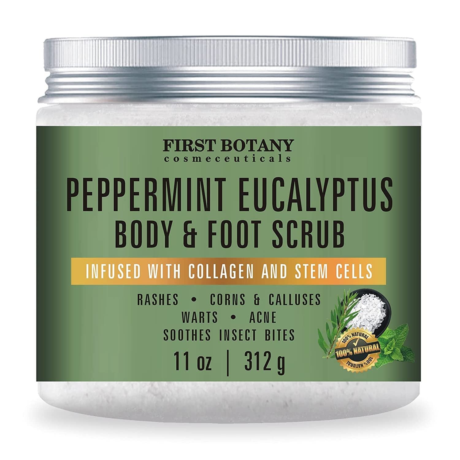 100% Natural Peppermint Eucalyptus Tea Tree Body & Foot Scrub - w/ Collagen & Stem cells, Best for Acne, Dandruff & Warts, Helps with Corns, Calluses, Athlete foot, Jock Itch & Body Odor (11 oz)