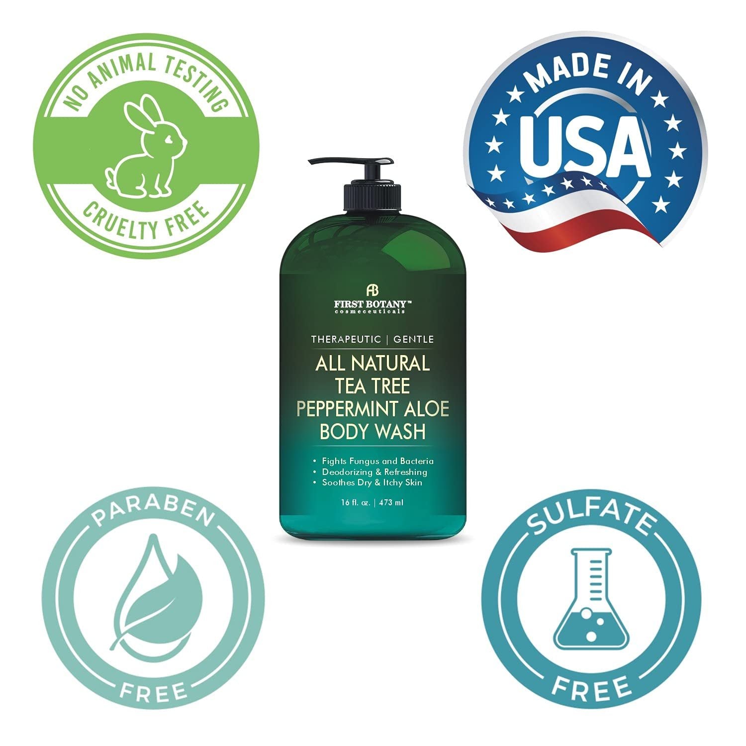 First Botany All Natural Tea Tree Body Wash - Fights Body Odor, Athlete’s Foot, Jock Itch, Dandruff, Acne, Eczema, Yeast Infection, Shower Gel for Women & Men, Peppermint Aloe Skin Cleanser 16 oz