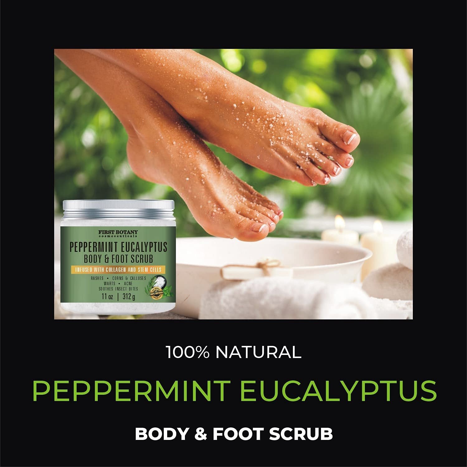 100% Natural Peppermint Eucalyptus Tea Tree Body & Foot Scrub - w/ Collagen & Stem cells, Best for Acne, Dandruff & Warts, Helps with Corns, Calluses, Athlete foot, Jock Itch & Body Odor (11 oz)