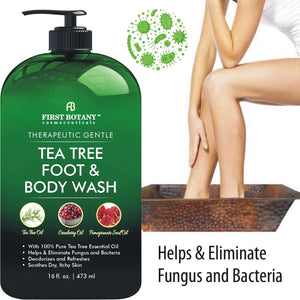 100% Natural Tea Tree Body Wash & Foot Wash - Fights with Corns, Calluses, Dandruff & Warts, Nail Issues, Athletes Foot, Ringworms, Acne treatment, Eczema & Body Odor, Jock Itch - 16 fl oz with dispenser pump