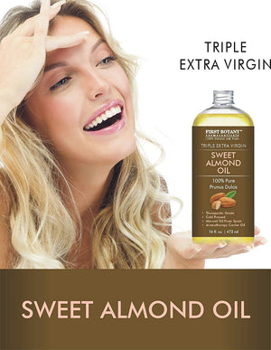 Cold Pressed Sweet Almond Oil - Triple AAA+ Grade Quality, For Hair, For Skin and For Face, 100% Pure and Organic from Spain, 16 fl oz