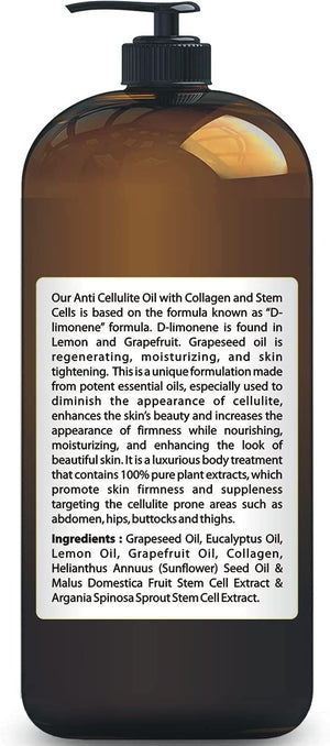 Natural Anti Cellulite Massage Oil - Infused w/ Collagen & Stem Cell - 100% Natural Massage Lotion & Cellulite Cream & Remover-Helps Skin Tightening and Stretch Mark Treatment for Women & Men - 8 oz