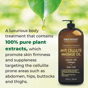 Natural Anti Cellulite Massage Oil - Infused w/ Collagen & Stem Cell - 100% Natural Massage Lotion & Cellulite Cream & Remover-Helps Skin Tightening and Stretch Mark Treatment for Women & Men - 8 oz