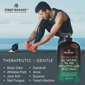 ALL Natural Tea Tree Body Wash - Fights Body Odor, Athlete’s Foot, Jock Itch, Nail Issues, Dandruff, Acne, Eczema, Yeast Infection, Shower Gel for Women/Men, Eucalyptus Aloe Skin Cleanser -16 fl oz