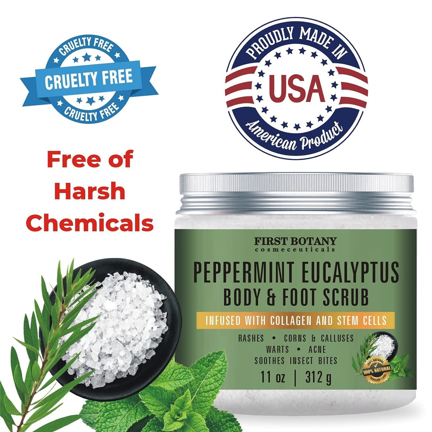 100% Natural Peppermint Eucalyptus Tea Tree Body & Foot Scrub - w/ Collagen & Stem cells, Best for Acne, Dandruff & Warts, Helps with Corns, Calluses, Athlete foot, Jock Itch & Body Odor (11 oz)