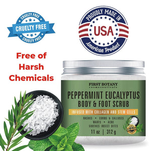 100% Natural Peppermint Eucalyptus Tea Tree Body & Foot Scrub - w/ Collagen & Stem cells, Best for Acne, Dandruff & Warts, Helps with Corns, Calluses, Athlete foot, Jock Itch & Body Odor (11 oz)