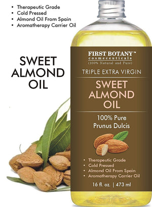 Cold Pressed Sweet Almond Oil - Triple AAA+ Grade Quality, For Hair, For Skin and For Face, 100% Pure and Organic from Spain, 16 fl oz