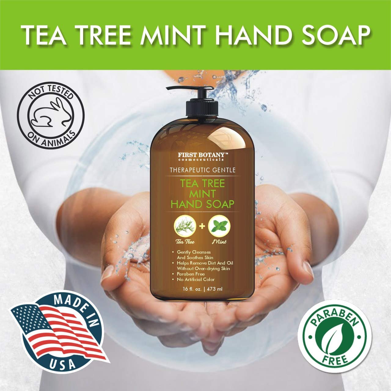 Tea Tree Mint Hand Soap - Liquid Hand Soap with Peppermint, Jojoba and Coconut Oil - Multipurpose Liquid Soap in Pump Dispenser - Natural Bathroom Soap & Liquid hand wash - 16 fl oz