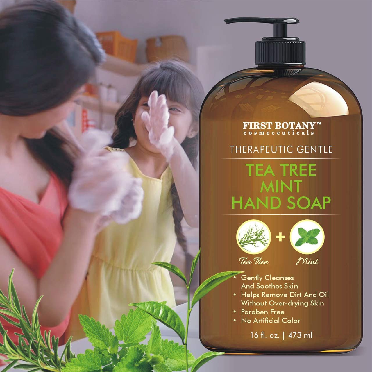 Tea Tree Mint Hand Soap - Liquid Hand Soap with Peppermint, Jojoba and Coconut Oil - Multipurpose Liquid Soap in Pump Dispenser - Natural Bathroom Soap & Liquid hand wash - 16 fl oz