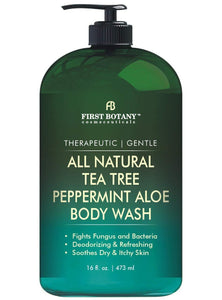 First Botany All Natural Tea Tree Body Wash - Fights Body Odor, Athlete’s Foot, Jock Itch, Dandruff, Acne, Eczema, Yeast Infection, Shower Gel for Women & Men, Peppermint Aloe Skin Cleanser 16 oz