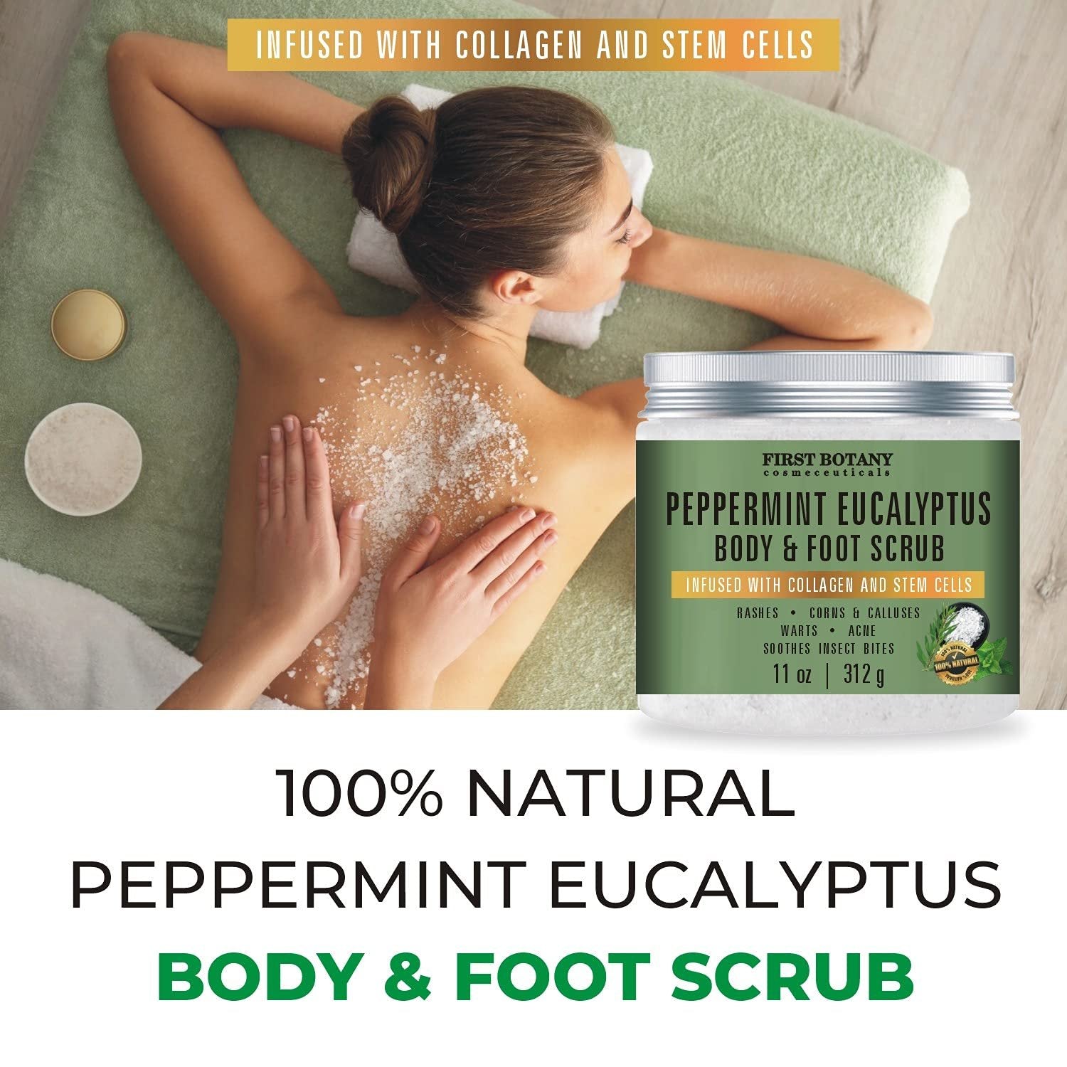 100% Natural Peppermint Eucalyptus Tea Tree Body & Foot Scrub - w/ Collagen & Stem cells, Best for Acne, Dandruff & Warts, Helps with Corns, Calluses, Athlete foot, Jock Itch & Body Odor (11 oz)