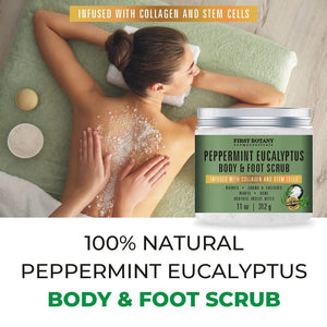 100% Natural Peppermint Eucalyptus Tea Tree Body & Foot Scrub - w/ Collagen & Stem cells, Best for Acne, Dandruff & Warts, Helps with Corns, Calluses, Athlete foot, Jock Itch & Body Odor (11 oz)