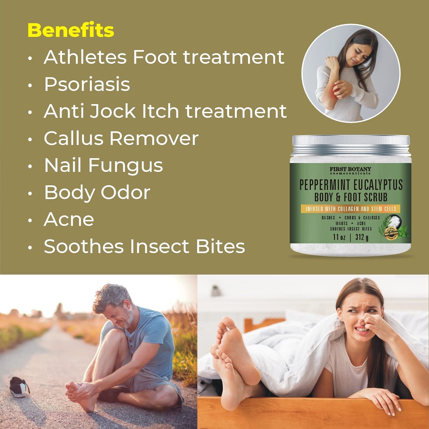 100% Natural Peppermint Eucalyptus Tea Tree Body & Foot Scrub - w/ Collagen & Stem cells, Best for Acne, Dandruff & Warts, Helps with Corns, Calluses, Athlete foot, Jock Itch & Body Odor (11 oz)